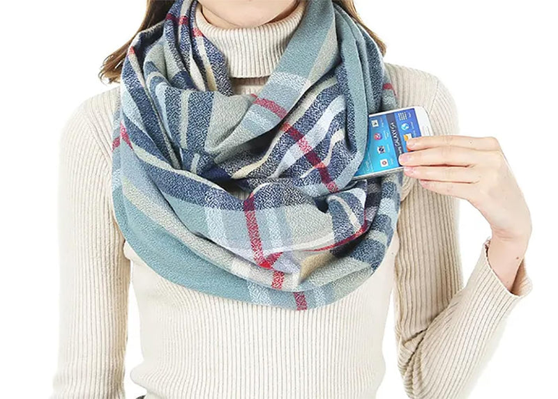 stylesilove Winter Plaid Infinity Scarf with Hidden Zipper Pocket Fashion Travel Scarf for Women and Men