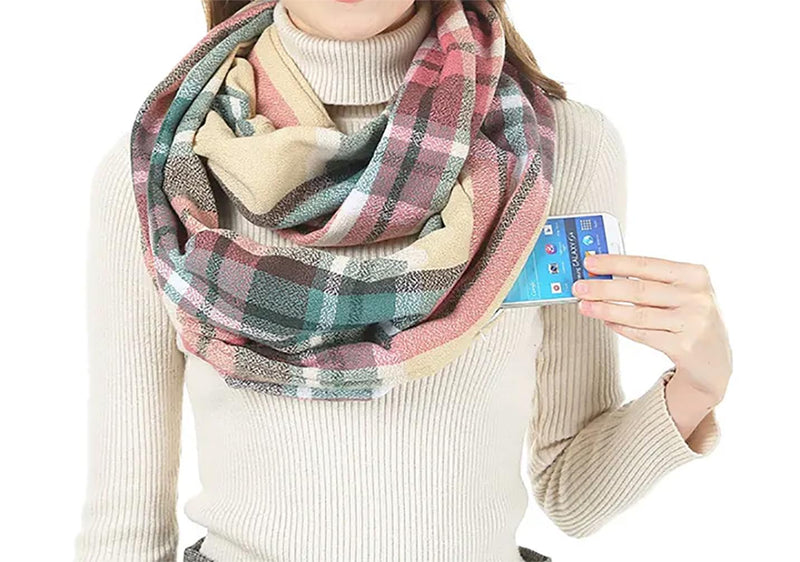 stylesilove Winter Plaid Infinity Scarf with Hidden Zipper Pocket Fashion Travel Scarf for Women and Men
