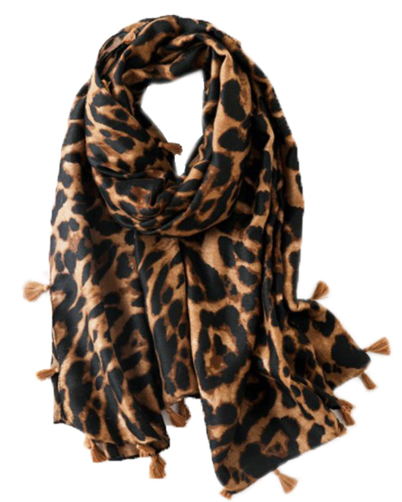 stylesilove Women Elegant Classic Leopard Print Lightweight Cotton Tassel Scarf Wrap Autumn Winter Large Shawl Scarf