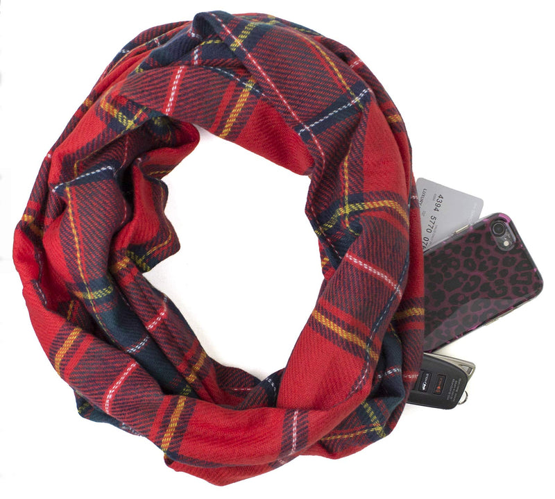 stylesilove Winter Plaid Infinity Scarf with Hidden Zipper Pocket Fashion Travel Scarf for Women and Men