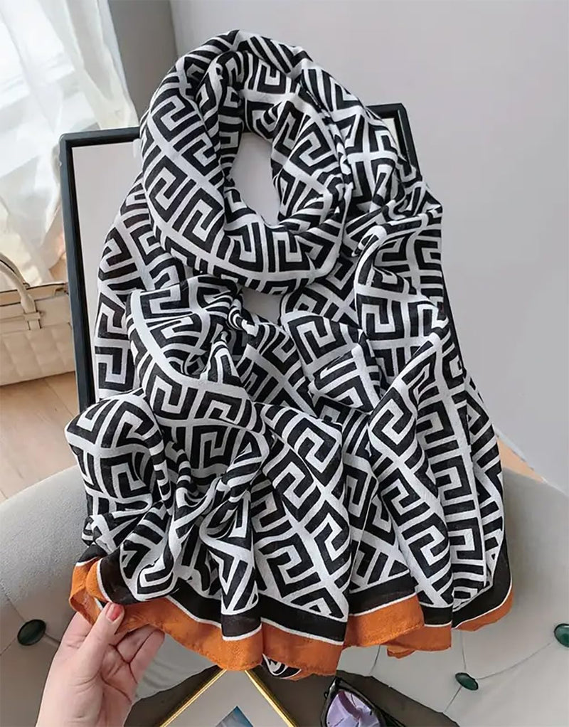 stylesilove Women Geometric Maze Print Scarf with Border Design Soft Shawl Scarves Neck Wraps for All Season, 3 Colors