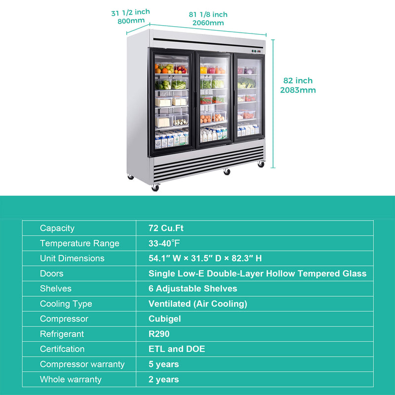 72 Cu.Ft Triple-Door Stainless Steel Commercial Reach-In Display Refrigerator (SAK26394)