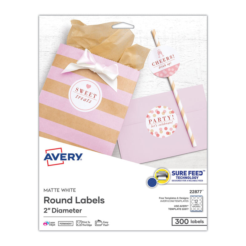 Avery Round Print-to-the Edge Labels with SureFeed and EasyPeel, 2" dia, Matte White, 300/Pack