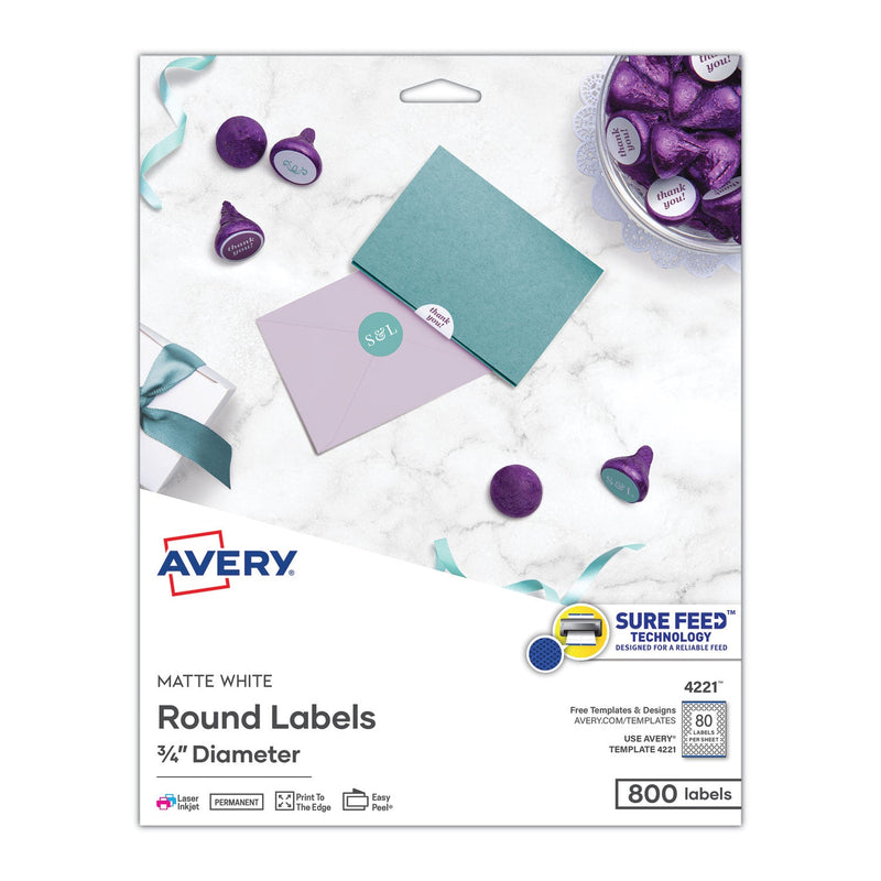 Avery Printable Self-Adhesive Permanent ID Labels w/Sure Feed, 0.75" dia, White 800/PK
