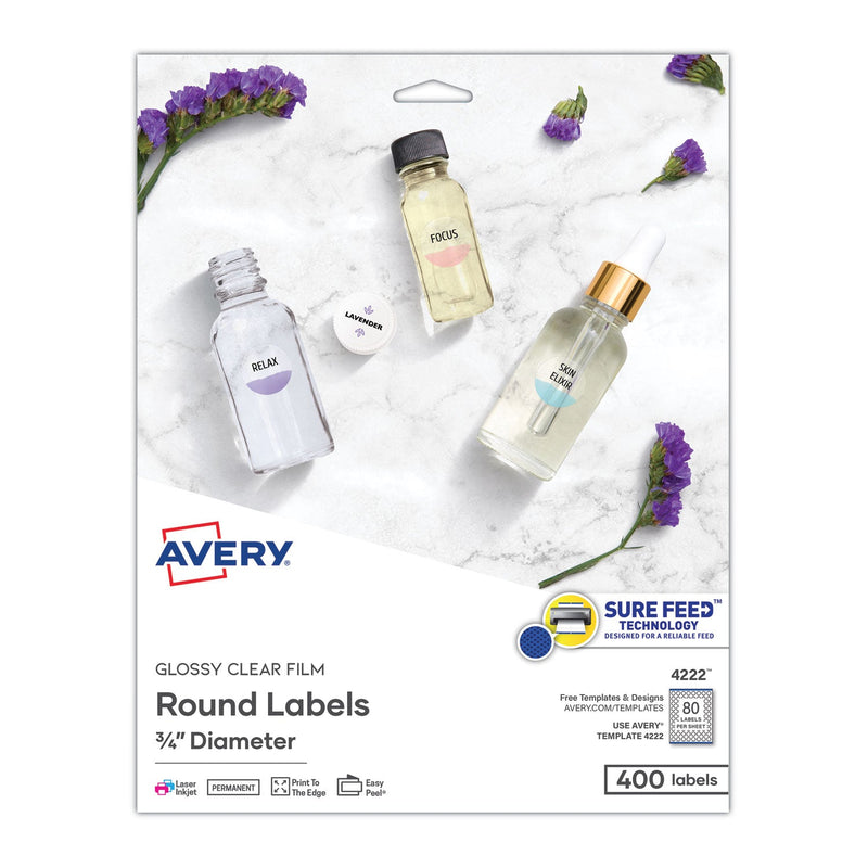 Avery Printable Self-Adhesive Permanent ID Labels w/Sure Feed, 0.75" dia, Clear, 400/PK