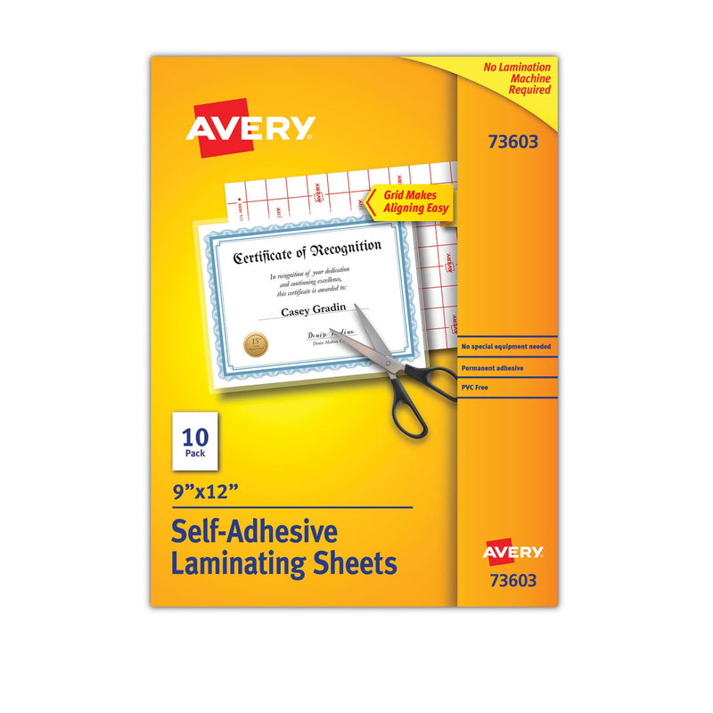 Avery Clear Self-Adhesive Laminating Sheets, 3 mil, 9" x 12", Matte Clear, 10/Pack