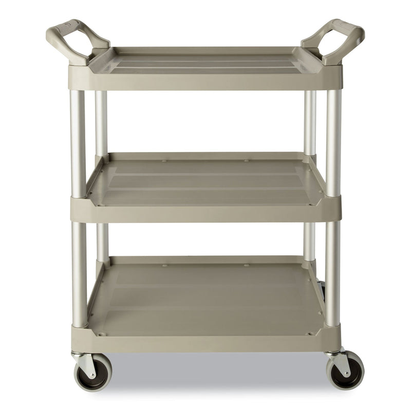 Rubbermaid Three-Shelf Service Cart, Plastic, 3 Shelves, 200 lb Capacity, 18.63" x 33.63" x 37.75", Platinum