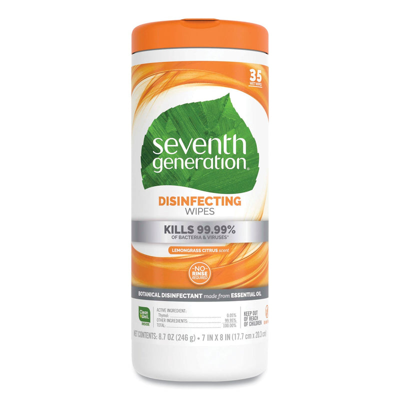 Seventh Generation Botanical Disinfecting Wipes, Lemongrass Citrus, White, 7 x 8, 35 Wipes