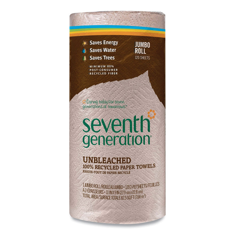 Seventh Generation Natural Unbleached 100% Recycled Paper Kitchen Towel Rolls, 2-Ply, Individually Wrapped, 11 x 9, 120/Roll, 30 Rolls/Carton