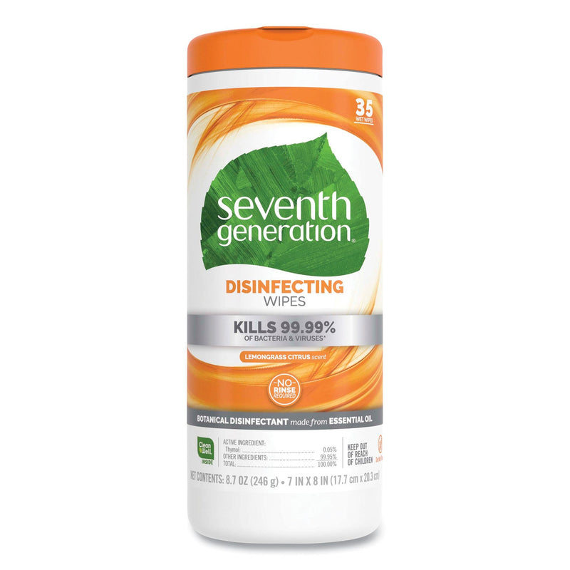 Seventh Generation Botanical Disinfecting Wipes, 8 x 7, Lemongrass Citrus, White, 35 Count, 12/Carton
