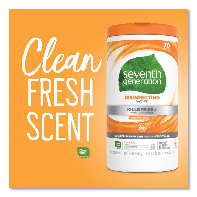 Seventh Generation Botanical Disinfecting Wipes, 8 x 7, Lemongrass Citrus, 70 Count