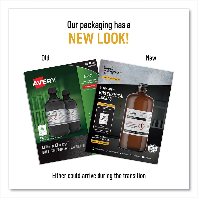 Avery UltraDuty GHS Chemical Waterproof and UV Resistant Labels, 2 x 4, White, 10/Sheet, 50 Sheets/Box