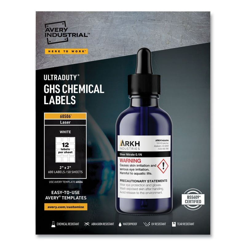 Avery UltraDuty GHS Chemical Waterproof and UV Resistant Labels, 2 x 2, White, 12/Sheet, 50 Sheets/Box