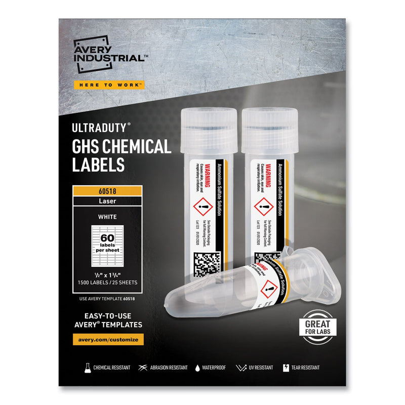Avery UltraDuty GHS Chemical Waterproof and UV Resistant Labels, 0.5 x 1.75, White, 60/Sheet, 25 Sheets/Pack