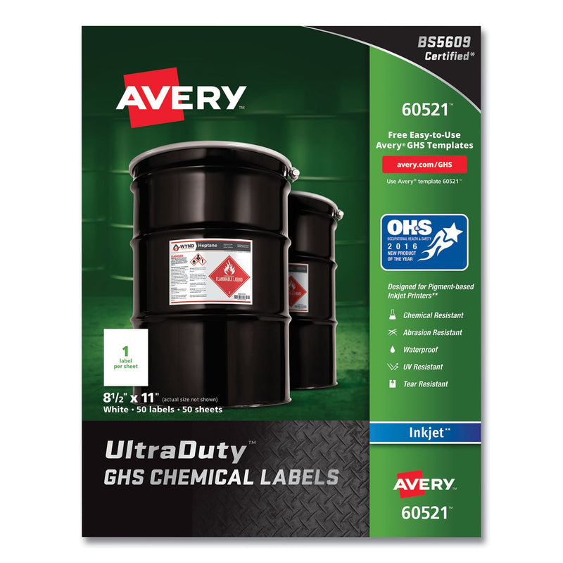 Avery UltraDuty GHS Chemical Waterproof and UV Resistant Labels, 8.5 x 11, White, 50/Pack