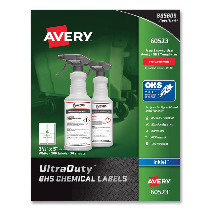 Avery UltraDuty GHS Chemical Waterproof and UV Resistant Labels, 3.5 x 5, White, 4/Sheet, 50 Sheets/Pack