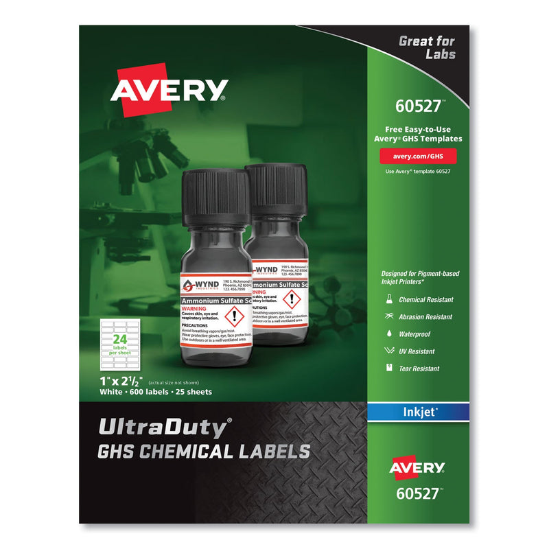 Avery UltraDuty GHS Chemical Waterproof and UV Resistant Labels, 1 x 2.5, White, 24/Sheet, 25 Sheets/Pack