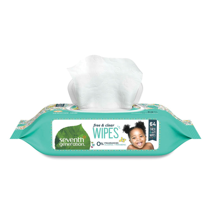 Seventh Generation Free and Clear Baby Wipes, 7 x 7, Unscented, White, 64/Flip Top Pack, 12 Packs/Carton