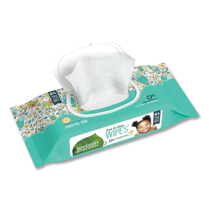 Seventh Generation Free and Clear Baby Wipes, 7 x 7, Unscented, White, 64/Flip-Top Pack