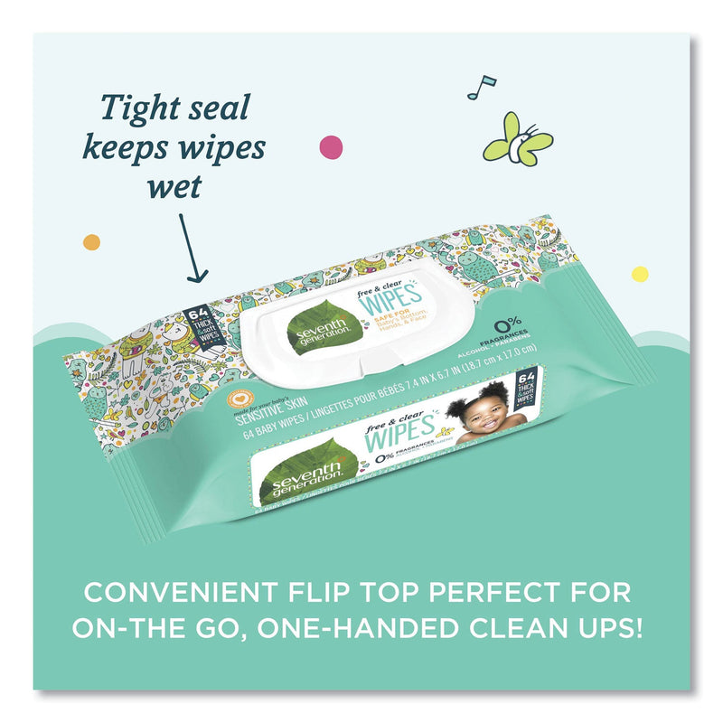 Seventh Generation Free and Clear Baby Wipes, 7 x 7, Unscented, White, 64/Flip-Top Pack