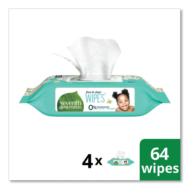 Seventh Generation Free and Clear Baby Wipes, 7 x 7, Refill, Unscented, White, 256/Pack, 3 Packs/Carton
