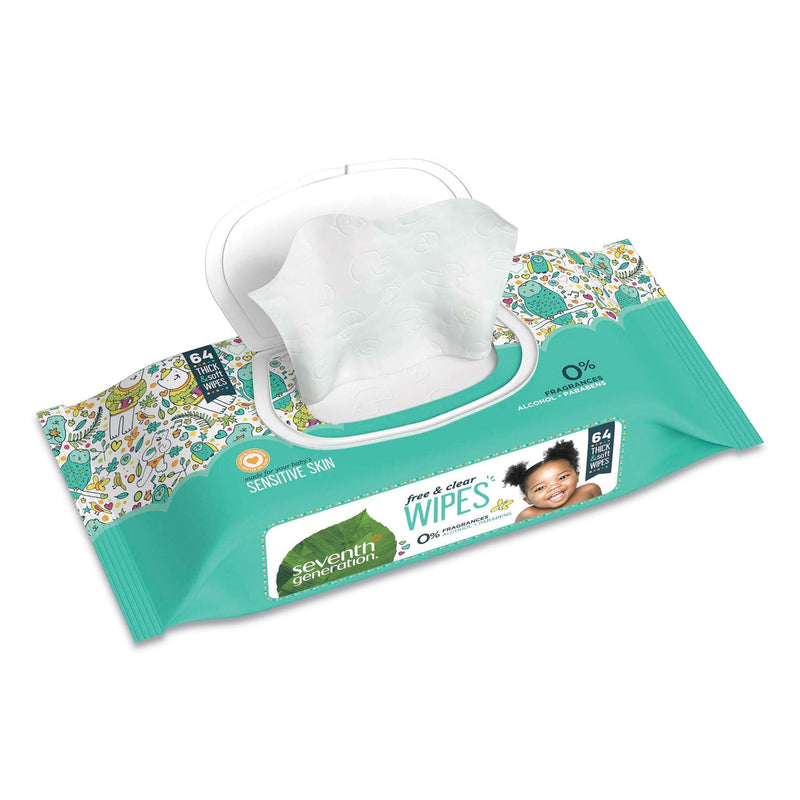 Seventh Generation Free and Clear Baby Wipes, 7 x 7, Unscented, White, 64/Flip Top Pack, 12 Packs/Carton