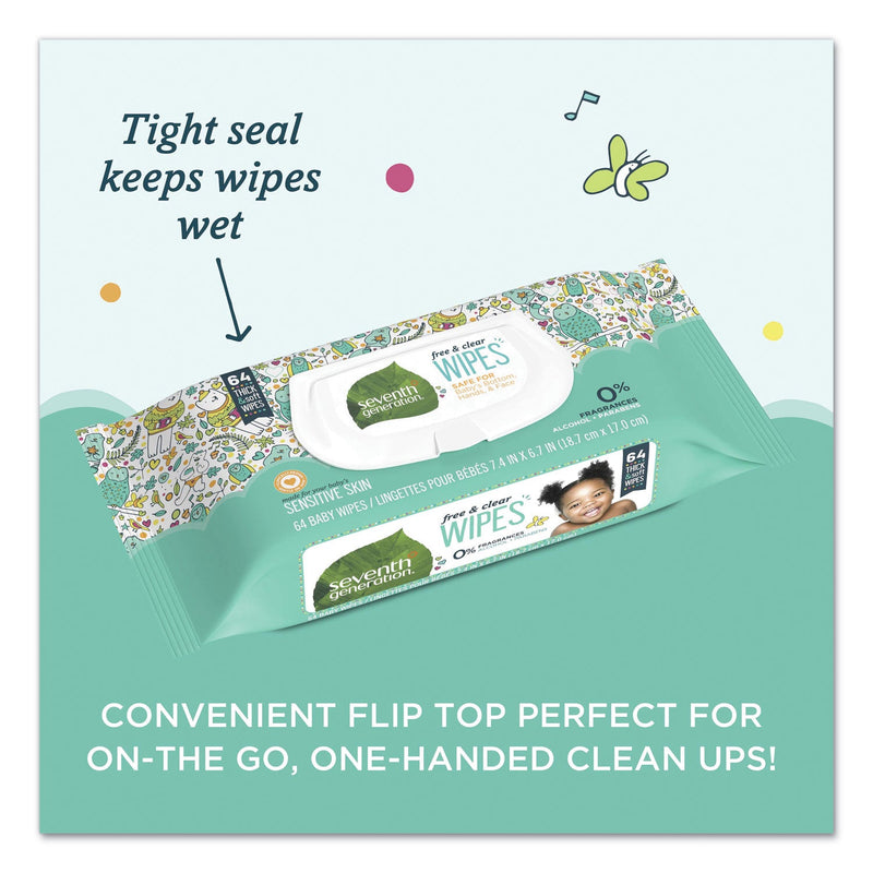 Seventh Generation Free and Clear Baby Wipes, 7 x 7, Unscented, White, 64/Flip Top Pack, 12 Packs/Carton