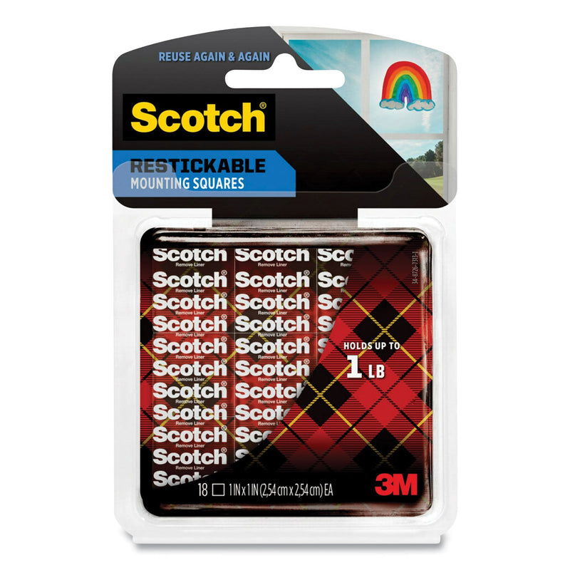 Scotch Restickable Mounting Tabs, Removable, Repositionable, Holds Up to 1 lb (4 Tabs), 1 x 1, Clear, 18/Pack