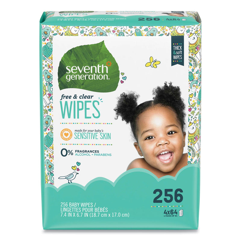 Seventh Generation Free and Clear Baby Wipes, 7 x 7, Refill, Unscented, White, 256/Pack, 3 Packs/Carton