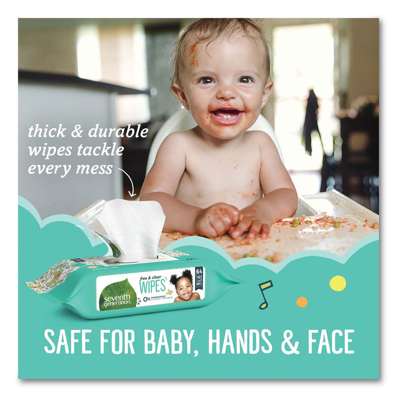 Seventh Generation Free and Clear Baby Wipes, 7 x 7, Refill, Unscented, White, 256/Pack, 3 Packs/Carton