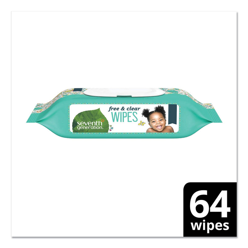Seventh Generation Free and Clear Baby Wipes, 7 x 7, Unscented, White, 64/Flip Top Pack, 12 Packs/Carton