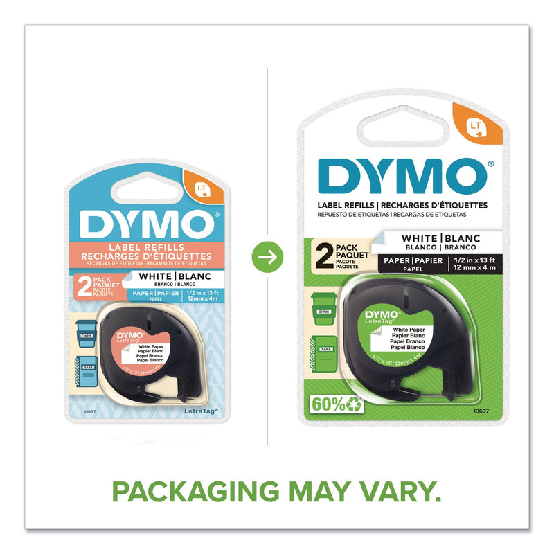DYMO LetraTag Paper Label Tape Cassettes, 0.5" x 13 ft, White, 2/Pack