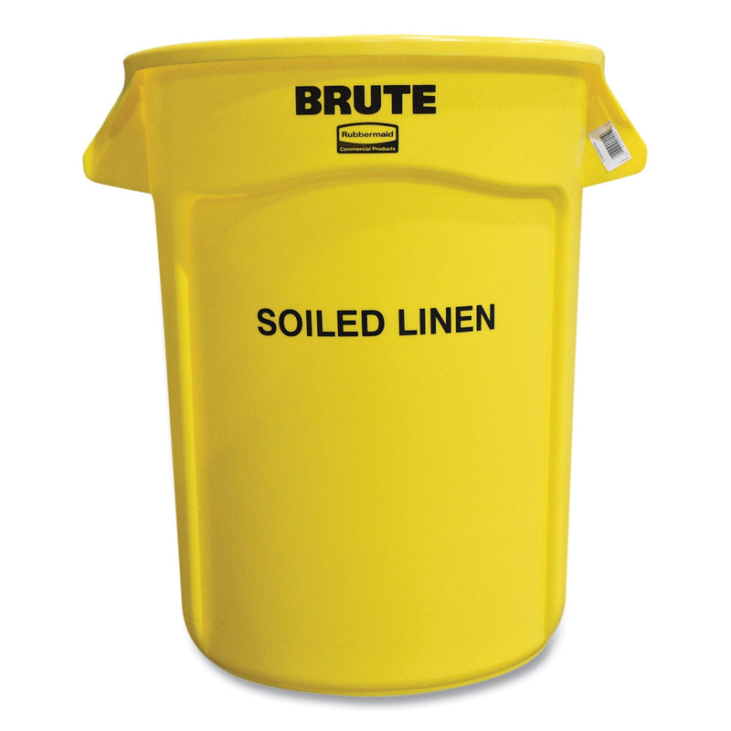 Rubbermaid Round Brute Container with "Soiled Linen" Imprint, Plastic, 32 gal, Yellow