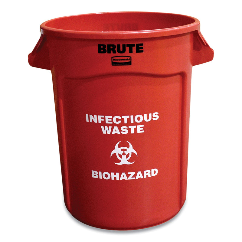 Rubbermaid Round Brute Container with "Infectious Waste: Biohazard" Imprint, Plastic, 32 gal, Red