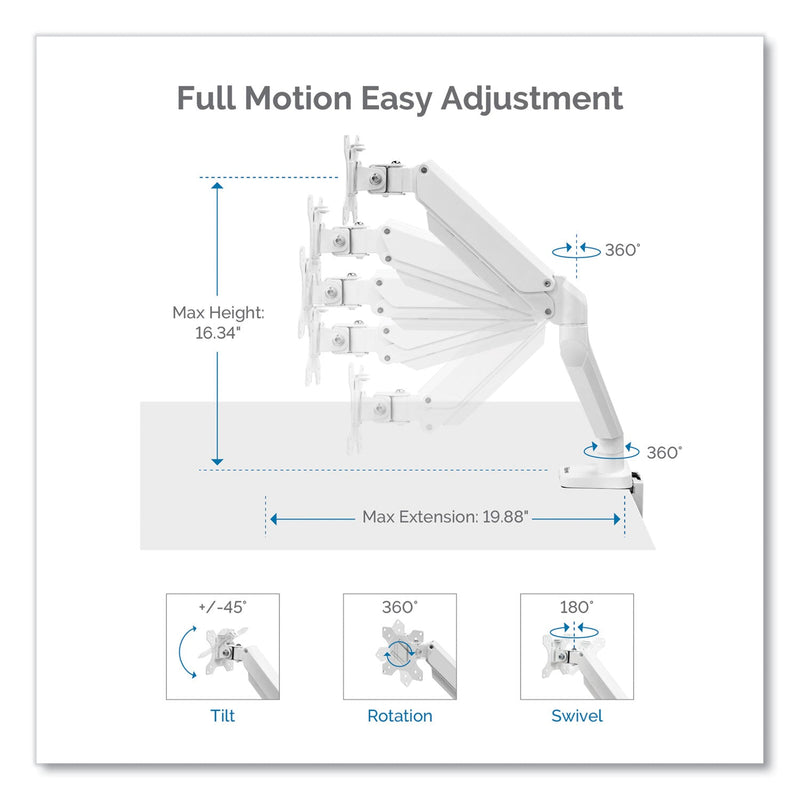 Fellowes Platinum Series Single Monitor Arm, For 27" Monitors, 360 deg Rotation, 45 deg Tilt, 180 deg Pan, White, Supports 20 lb