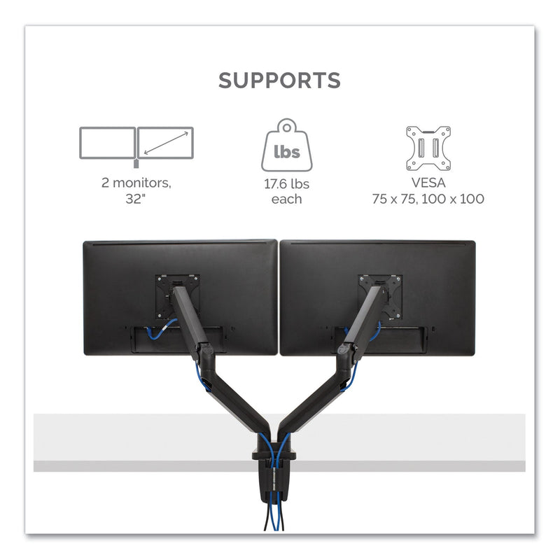 Fellowes Platinum Series Dual Monitor Arm for 27" Monitors, 360 deg Rotation, +85 deg/-20 deg Tilt, 360 deg Pan, Black, Supports 20 lb