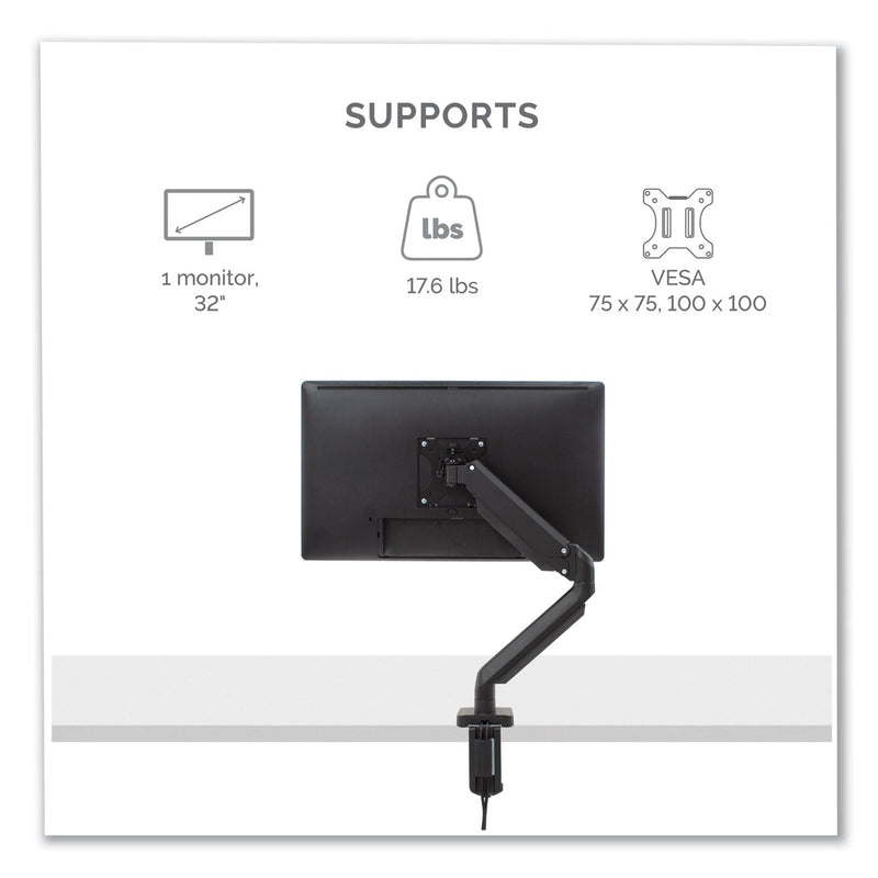 Fellowes Platinum Series Single Monitor Arm, For 30" Monitors, 360 deg Rotation, 180 deg Tilt, 360 deg Pan, Black, Supports 20 lb
