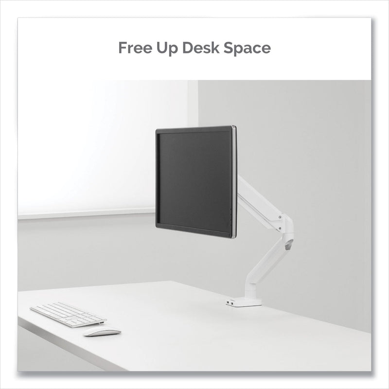 Fellowes Platinum Series Single Monitor Arm, For 27" Monitors, 360 deg Rotation, 45 deg Tilt, 180 deg Pan, White, Supports 20 lb
