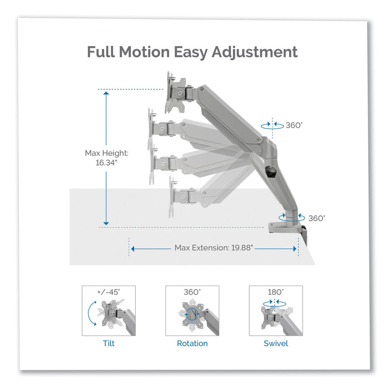 Fellowes Platinum Series Single Monitor Arm, For 27" Monitors, 360 deg Rotation, 45 deg Tilt, 180 deg Pan, Silver, Supports 20 lb
