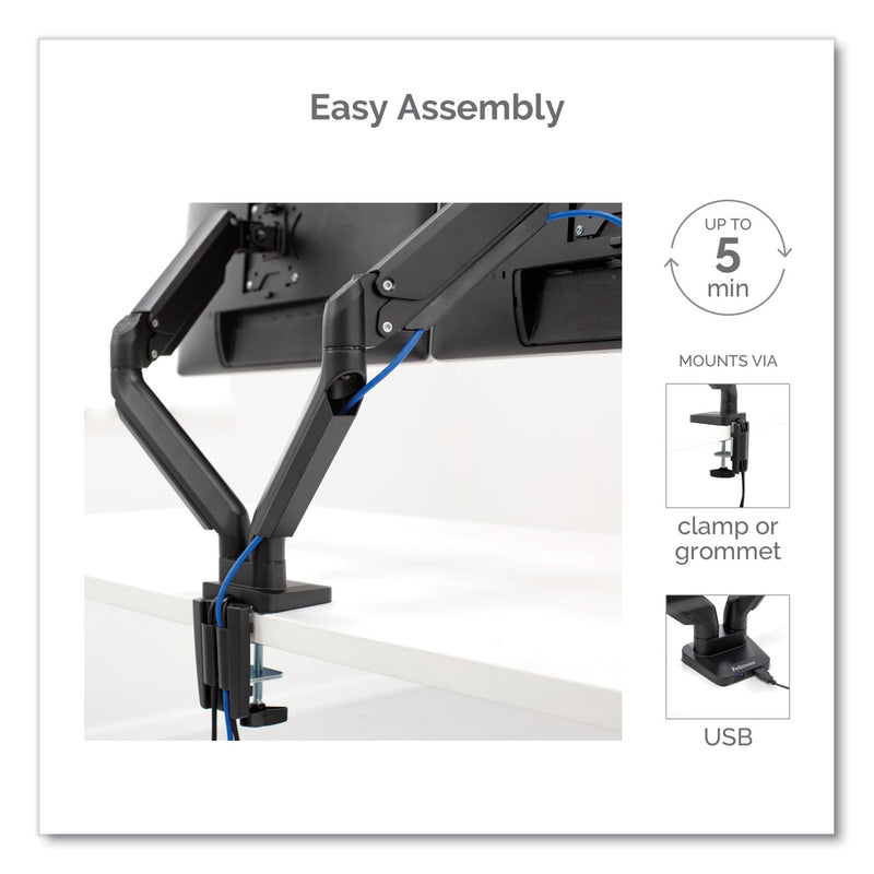 Fellowes Platinum Series Dual Monitor Arm for 27" Monitors, 360 deg Rotation, +85 deg/-20 deg Tilt, 360 deg Pan, Black, Supports 20 lb