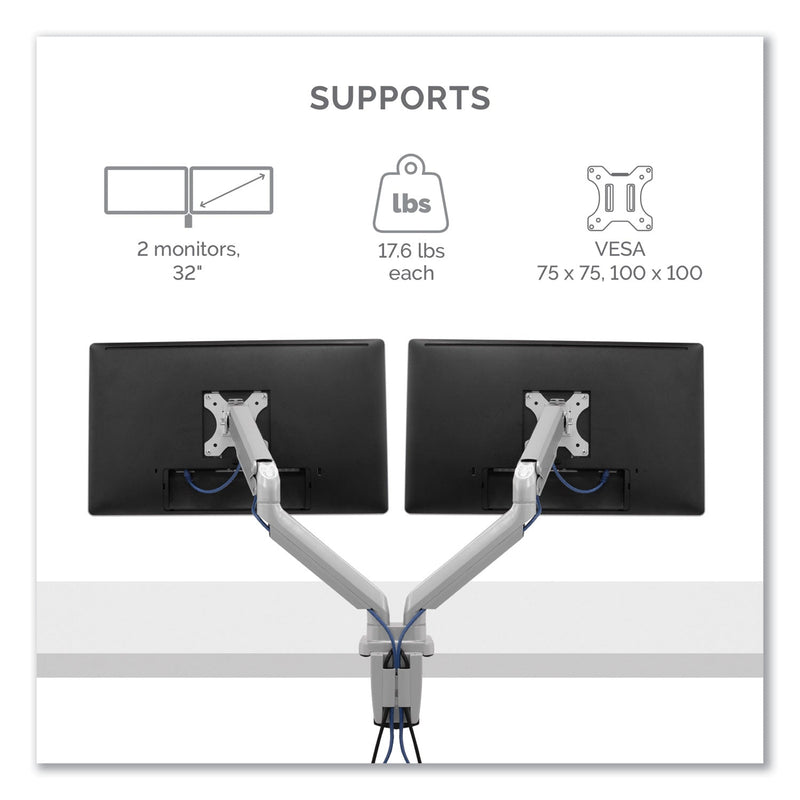 Fellowes Platinum Series Dual Monitor Arm, For 27" Monitors, 360 deg Rotation, 45 deg Tilt, 180 deg Pan, Silver, Supports 20 lb