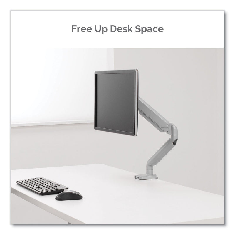 Fellowes Platinum Series Single Monitor Arm, For 27" Monitors, 360 deg Rotation, 45 deg Tilt, 180 deg Pan, Silver, Supports 20 lb