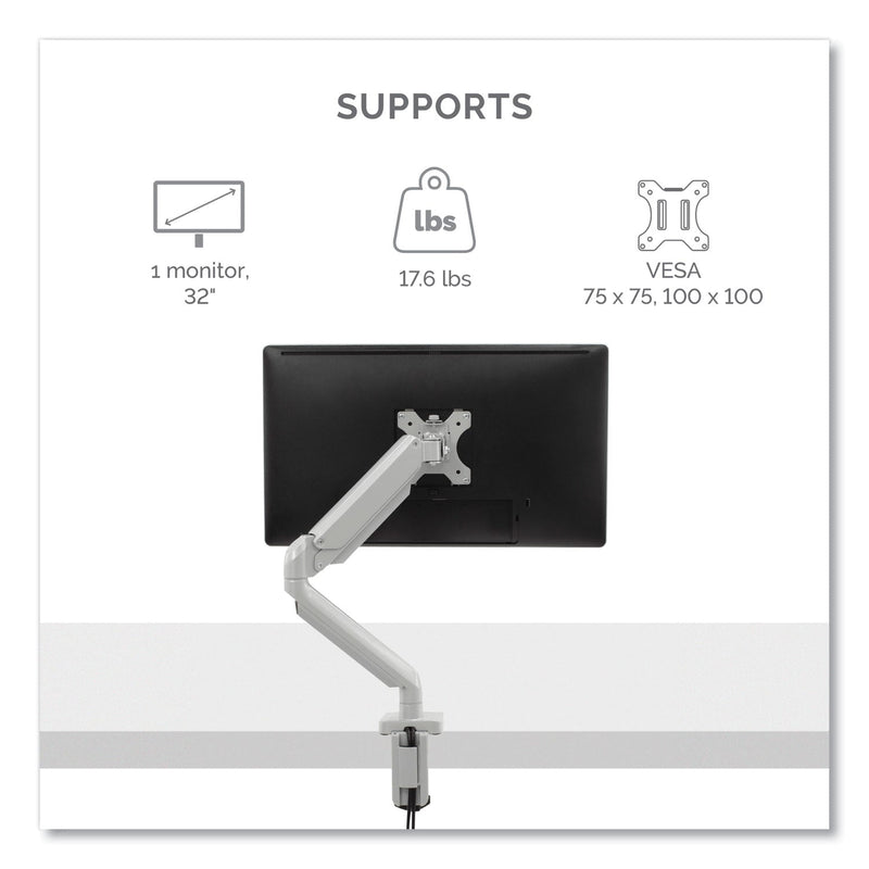 Fellowes Platinum Series Single Monitor Arm, For 27" Monitors, 360 deg Rotation, 45 deg Tilt, 180 deg Pan, Silver, Supports 20 lb