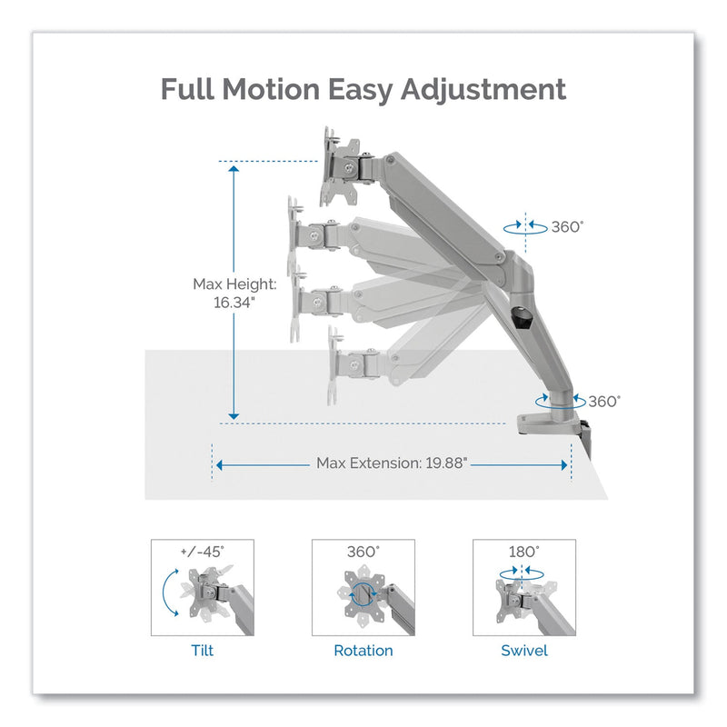 Fellowes Platinum Series Dual Monitor Arm, For 27" Monitors, 360 deg Rotation, 45 deg Tilt, 180 deg Pan, Silver, Supports 20 lb