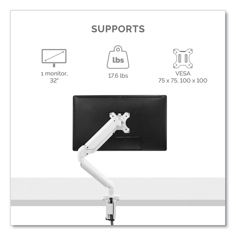 Fellowes Platinum Series Single Monitor Arm, For 27" Monitors, 360 deg Rotation, 45 deg Tilt, 180 deg Pan, White, Supports 20 lb