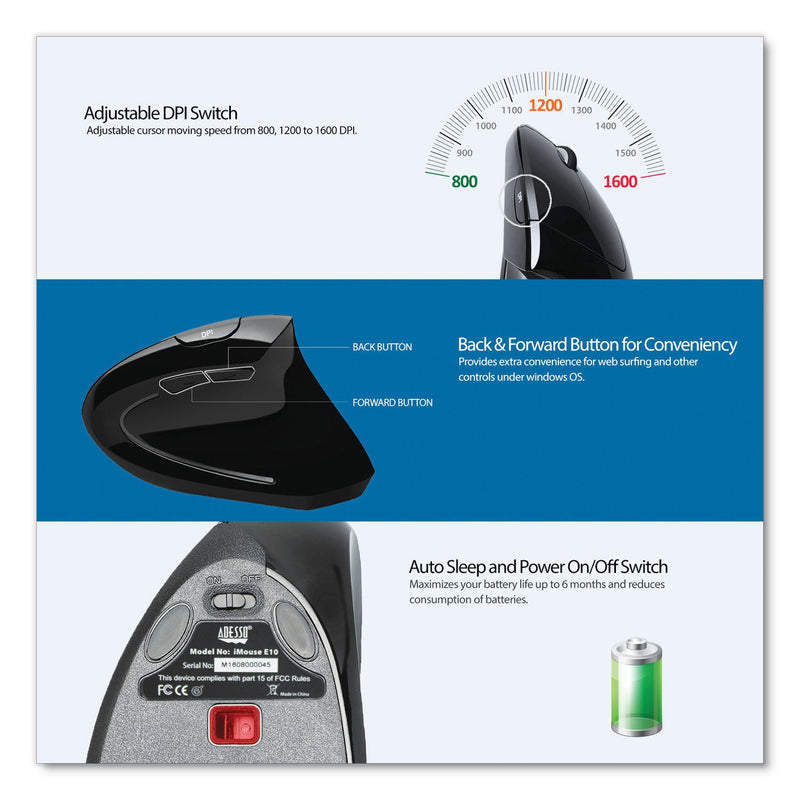 Adesso iMouse E10 Wireless Vertical Ergonomic USB Mouse, 2.4 GHz Frequency/33 ft Wireless Range, Right Hand Use, Black