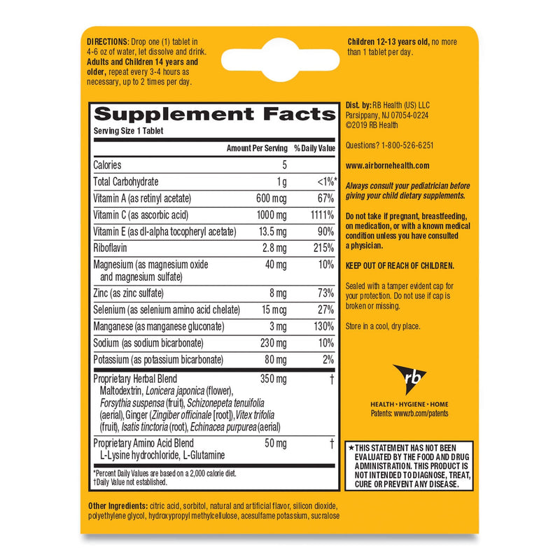 Airborne Immune Support Effervescent Tablet, Zesty Orange, 20 Count