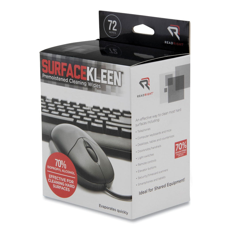 Read Right SurfaceKleen Premoistened Alcohol Cleaning Wipes, 5 x 5, Foil Packet, 72/Box