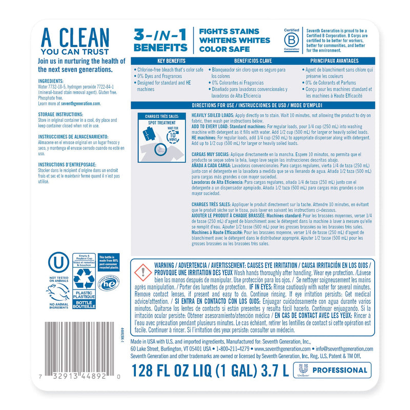Seventh Generation Non Chlorine Bleach, Free and Clear, 1 gal Bottle