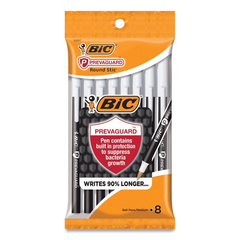 BIC PrevaGuard Ballpoint Pen, Stick, Medium 1 mm, Black Ink/Black Barrel, 8/Pack
